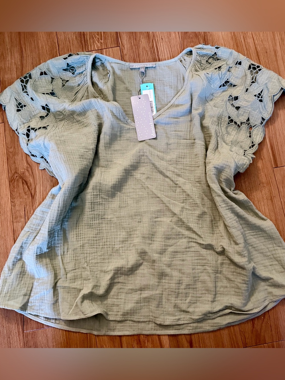 Daniel Rainn Light Sage Crochet Sleeve V-Neck Blouse
